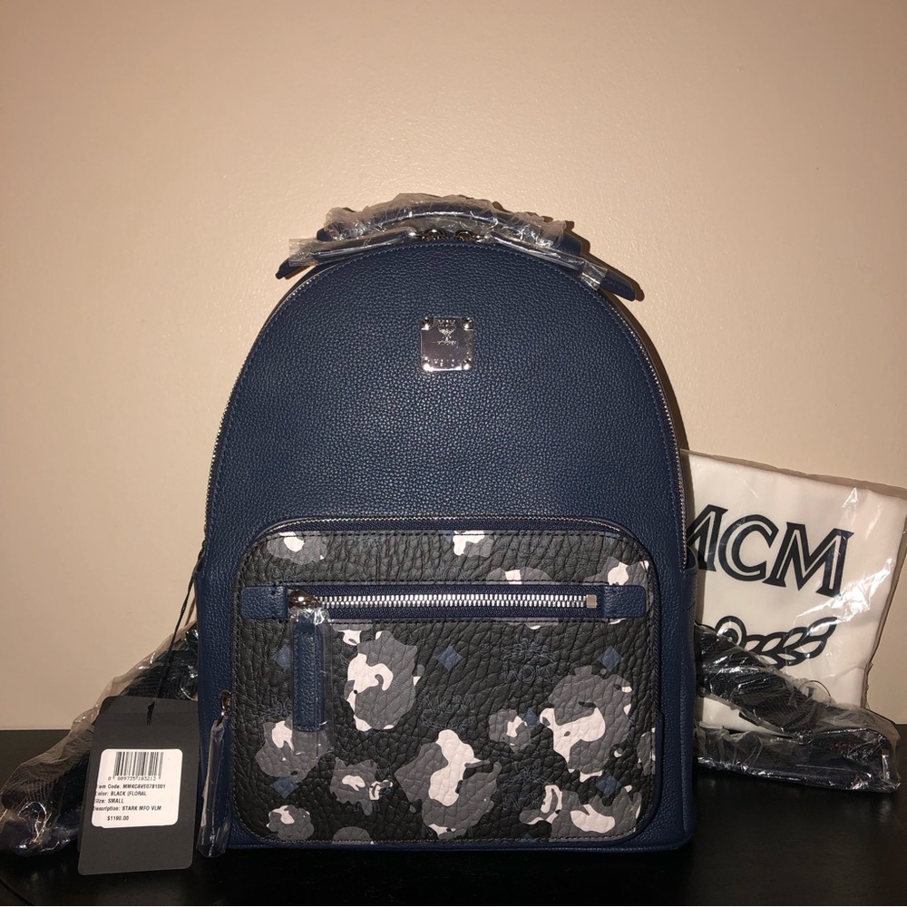 MCM NWT Navy Leather Floral Print Backpack w/Dust Bag